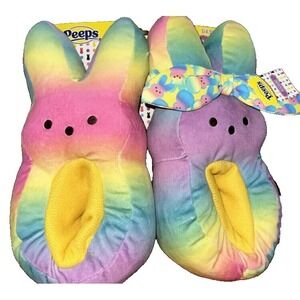 Peeps Plush Bunny Slippers Multicolor Rainbow Headband Big Kids Size Medium 13-1